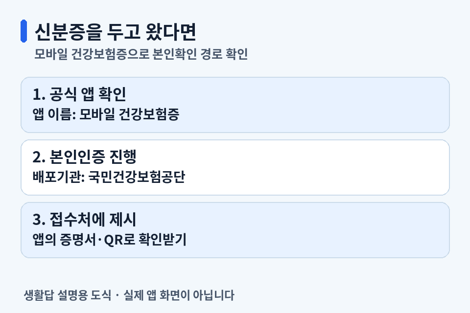 국민건강보험공단 모바일 건강보험증 앱을 확인하고 본인인증 후 접수처에 제시하는 순서