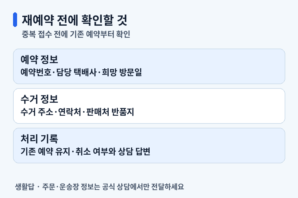 반품 재예약 전 예약번호, 방문일, 주소와 연락처, 기존 예약 처리 여부 확인