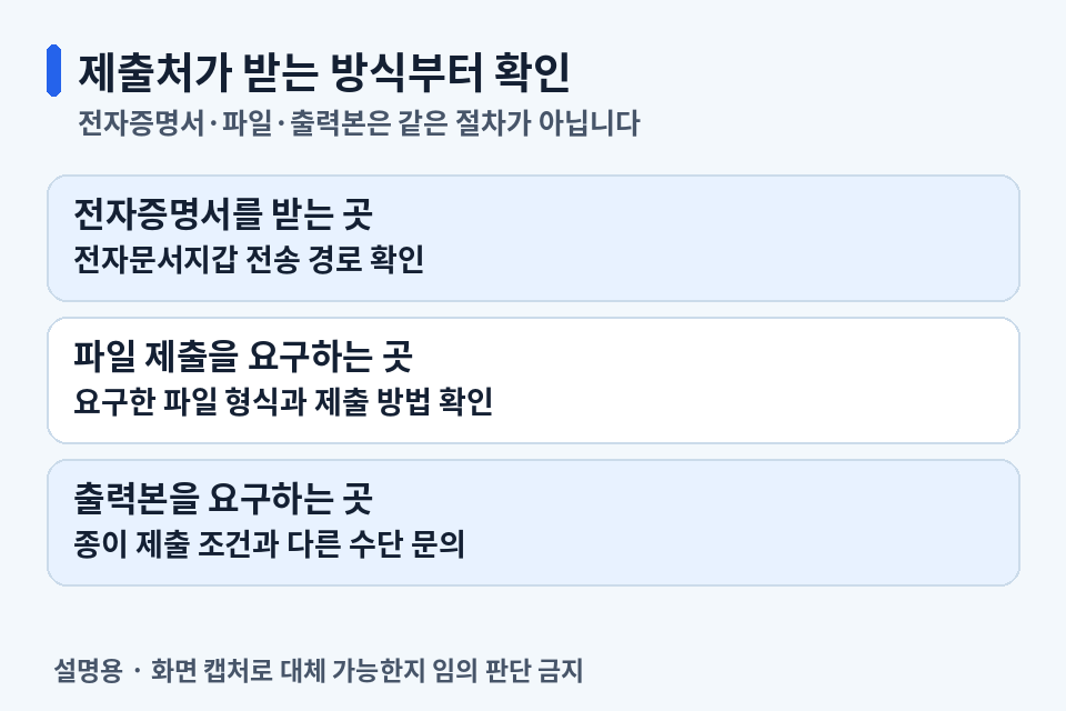 주민등록등본 제출처의 전자증명서 수신, 파일 업로드, 출력본 제출 방식 구분