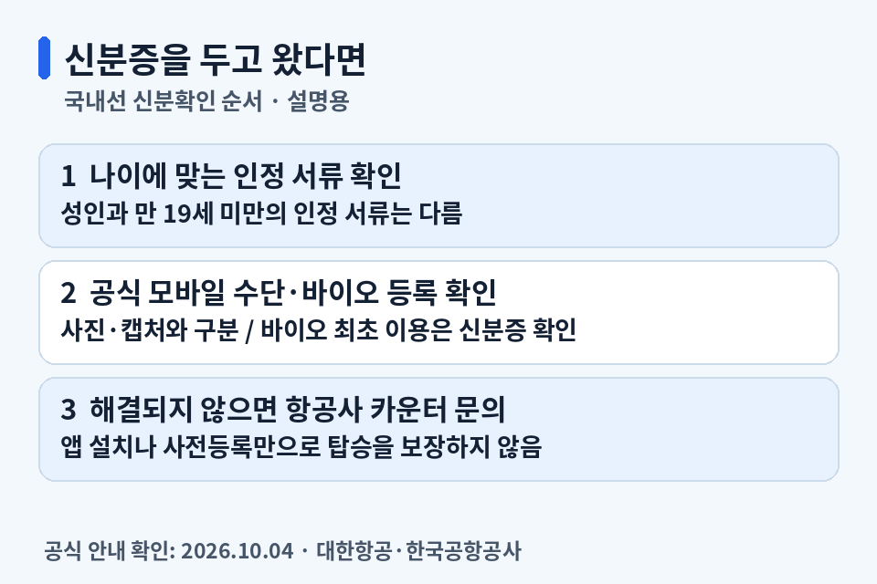 국내선 탑승 전 나이별 인정 서류와 공식 모바일 신분증, 바이오 등록 상태를 확인하는 순서